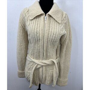 Vintage Gaelterra Woman L Aran Wool Ireland Cable Knit Loomed Belted Cardigan